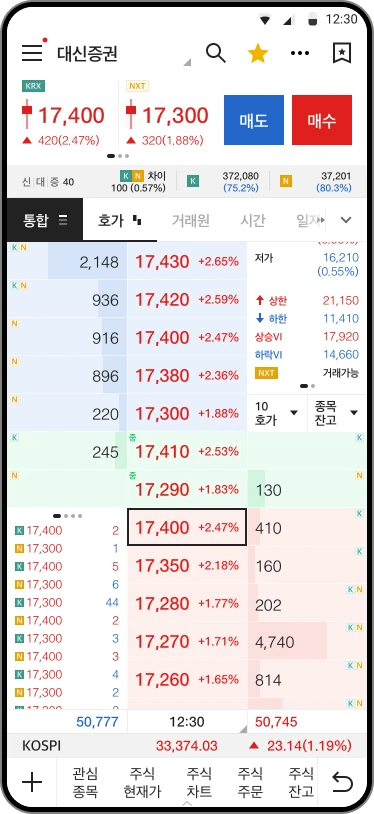 대신증권 합산, 좌우, 상하 3가지 레이아웃으로 제공되는 호가창 UI
