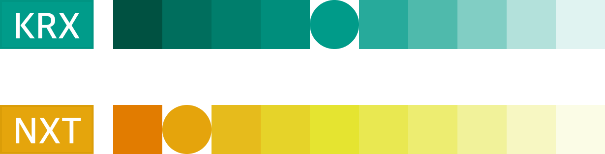 대신증권에 사용된 KRX와 NXT가 각각 청록색과 노란색 색상 스펙트럼과 함께 표시