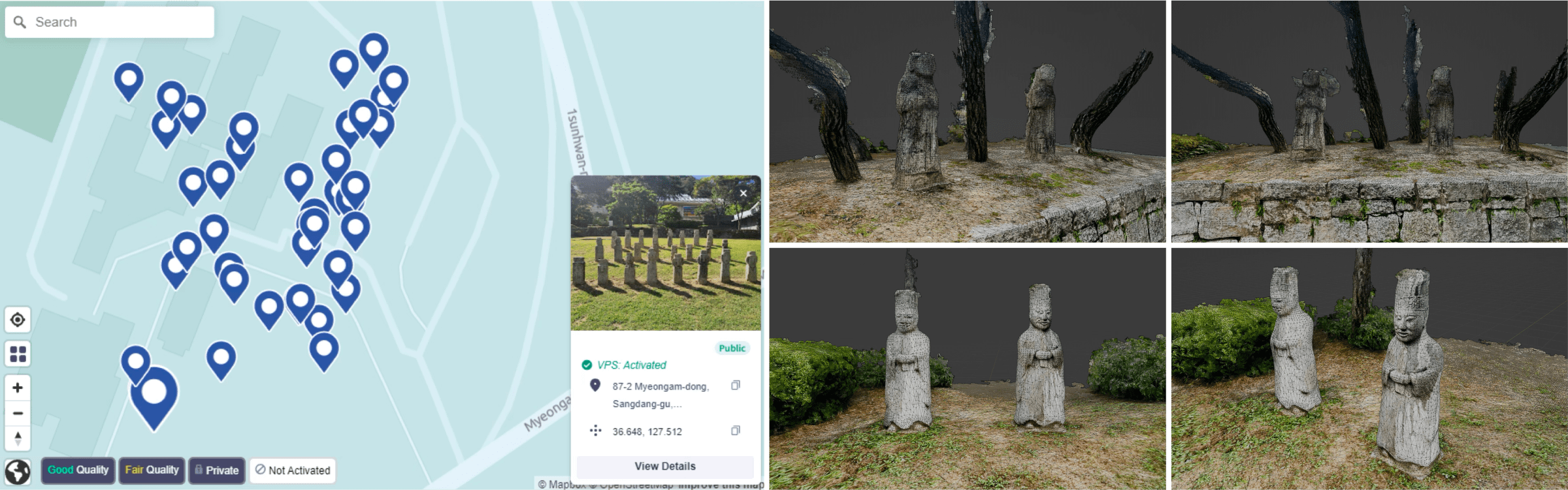 여러 위치를 나타내는 파란색 핀으로 표시된 지도와 특정 지점(명암동)의 사진 및 정보가 포함된 팝업 창.
                    다양한 각도에서 촬영된 석조물의 3D 모델 이미지. 상단에는 나무와 돌담 주변에 배치된 석조물들, 하단에는 석조물 두 개를 근접 촬영한 이미지가 포함됨
